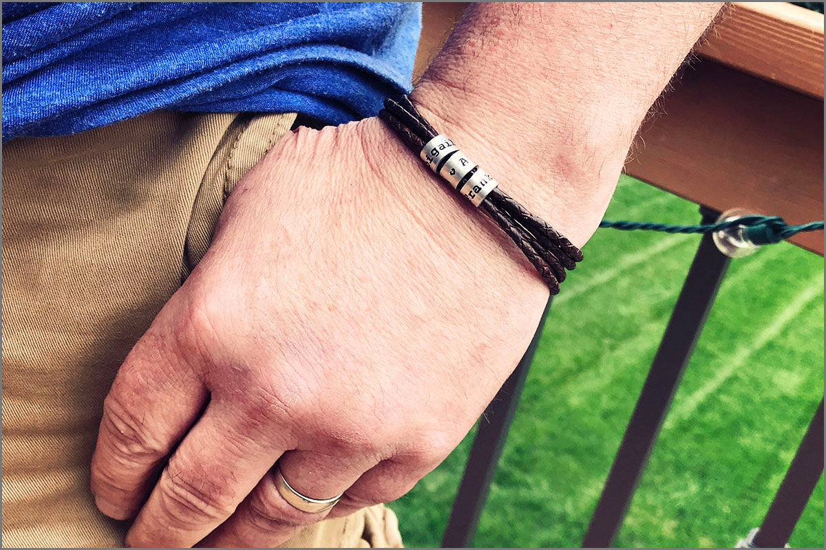 Navy Blue Braided Leather Cord Bracelet Custom Name Beads aka originals