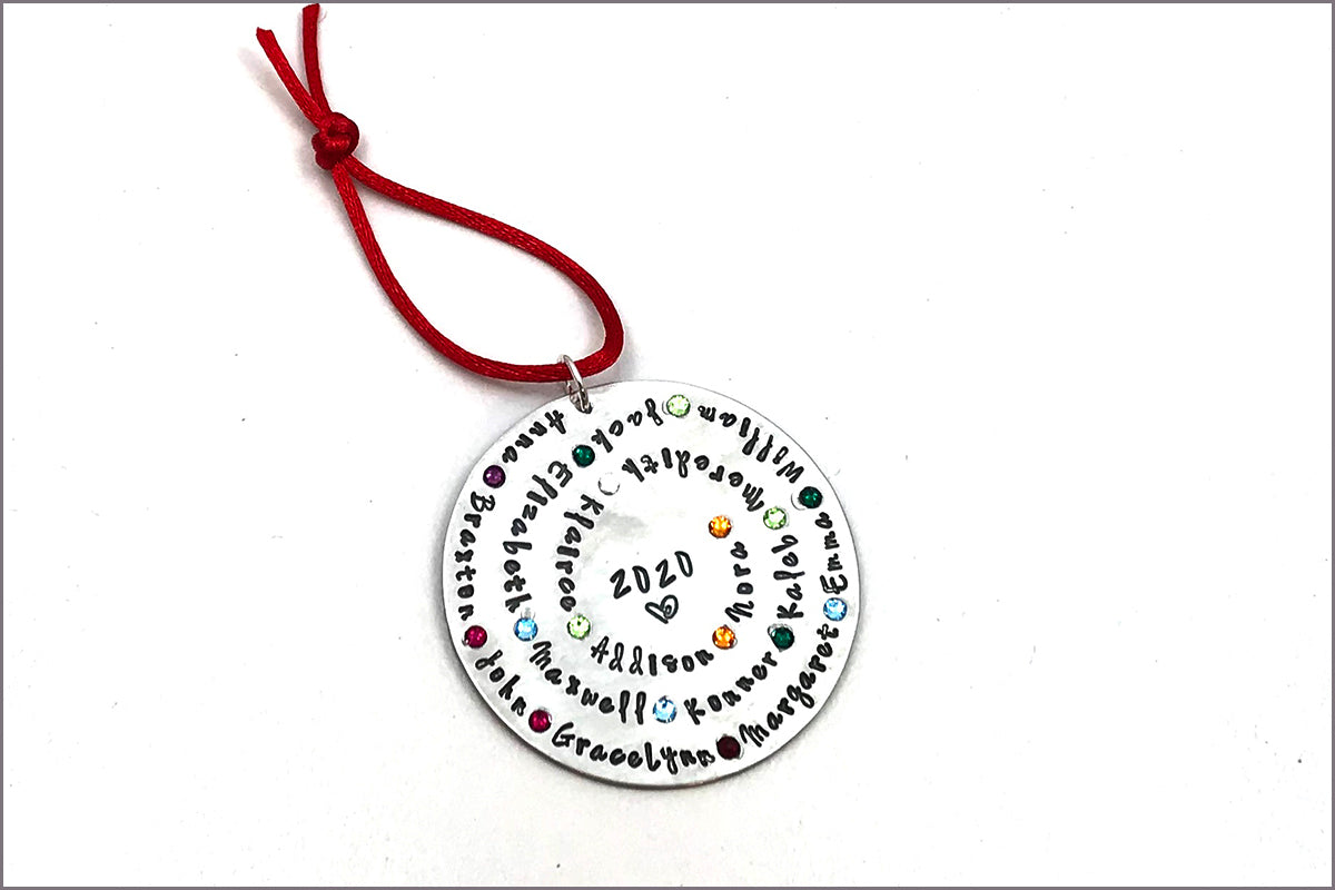 Christmas Ornament Spiral Disc | Personalized with Names, Birthstones & Year