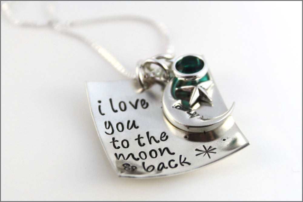 Personalized I Love You to the Moon and Back Necklace | Sterling Silver Square Necklace, Moon Charm and Birthstone, Gifts for Mom