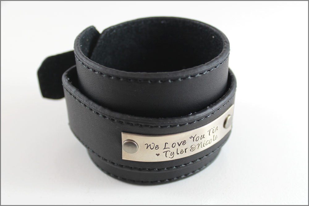 Custom Leather Cuff Bracelet in Black, White or Red | Your Custom Words Names or Dates