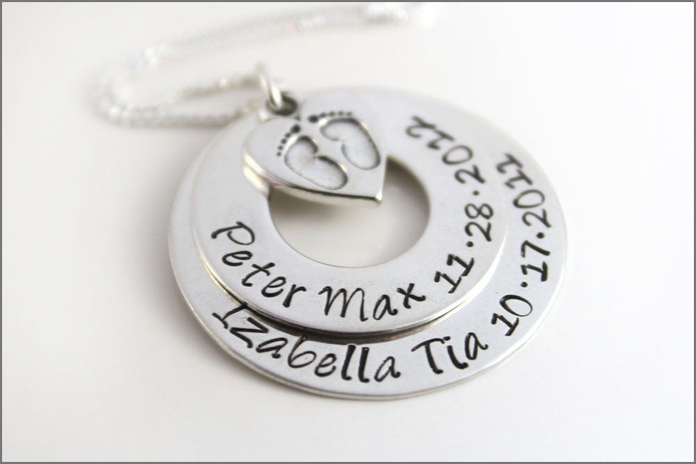 Personalized Stacked Washer Necklace with Baby Feet Charm | Children's Names & Birthdates