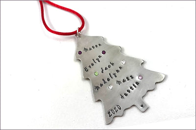 Christmas Tree Ornament | Personalized with Names, Birthstones & Year