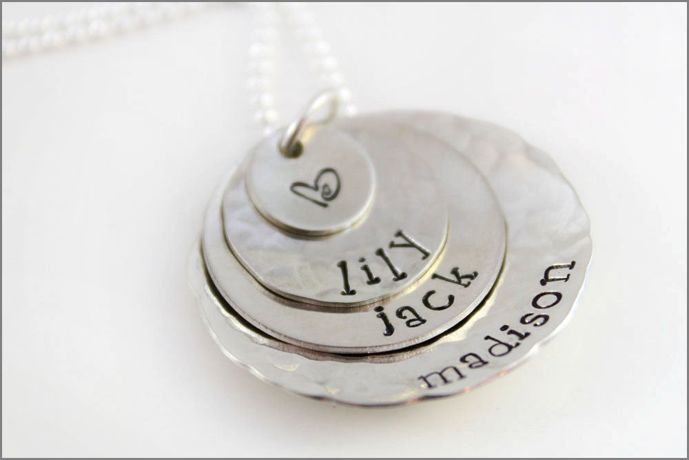 Personalized Stacked Mommy Necklace with 3 Names & Design Stamp | Three Sterling Silver Name Discs Hand Stamped Jewelry
