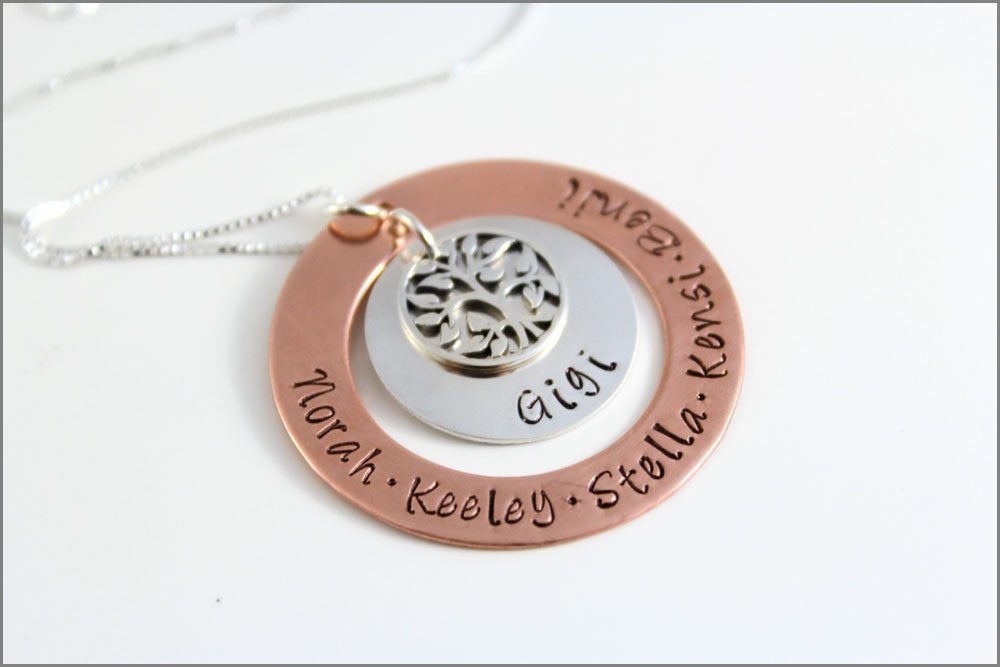 Custom Grandma Necklace with Copper & Silver Mixed Metal Jewelry and Tree of Life Charm
