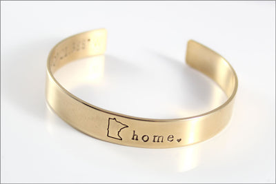 Custom Home State Cuff Bracelet | Inside Coordinates Message, Personalized Nu Gold Jewelry, Small Gifts for Her, Minnesota Jewelry