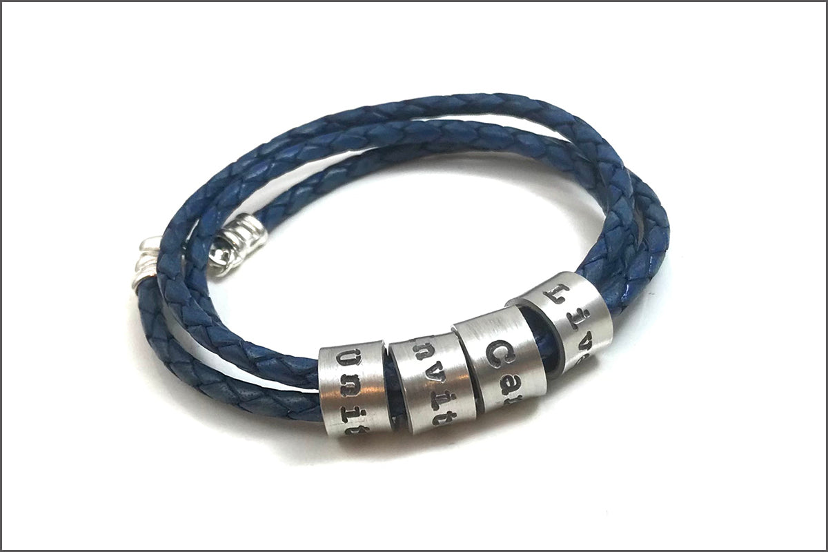 Personalized Leather Bracelet with Names - Mens Custom Leather Bracelet Blue