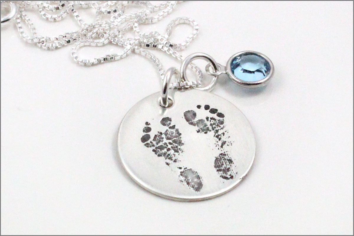 Baby Footprints Necklace with Birthstone| Sterling Silver Etched Jewelry, Custom Mom Jewelry, Custom Baby Feet Jewelry