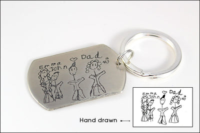 Children's Hand Drawn Etched Keychain | Actual Drawing on Keychain, Handwriting on Keychain, Special Gifts for Dad, Gift Ideas for Him