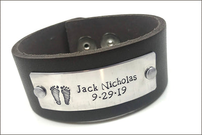 Personalized Name & Baby Footprint Men's Leather Cuff Bracelet | Your Baby Footprints, Special Gifts for Men