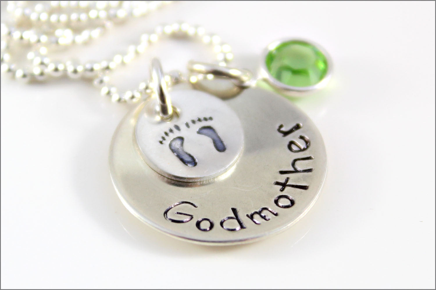 Personalized Godmother Necklace | Custom Birthstone, Baby Feet Charm, Sterling Silver Godmother Necklace, Gift Ideas for Godmother