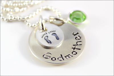 Personalized Godmother Necklace | Custom Birthstone, Baby Feet Charm, Sterling Silver Godmother Necklace, Gift Ideas for Godmother