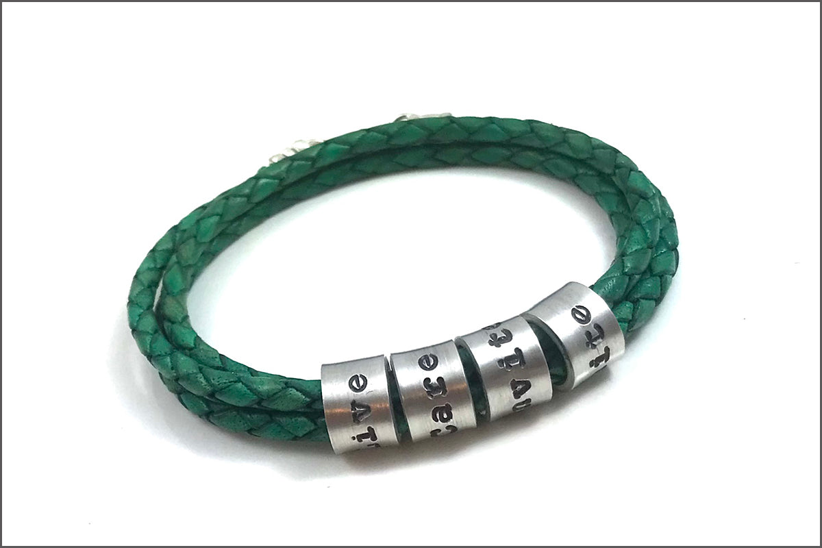 Emerald Green Braided Leather Cord Bracelet | Custom Name Beads