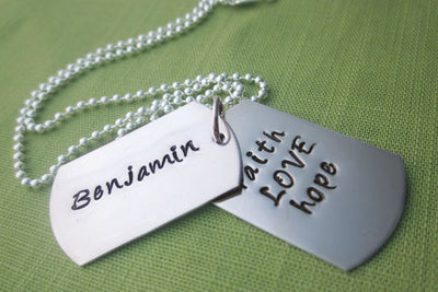 Customized Double Dog Tag Necklace | Faith Hope & Love with Name | Sterling Silver Men's Jewelry