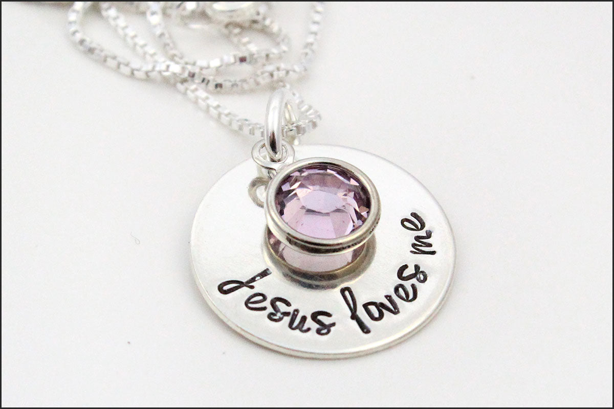 Jesus Loves Me Birthstone Necklace  Little Girl Necklace, Baptism Jewelry,  Confirmation Gift, Sterling Silver Girls Jewelry - aka originals
