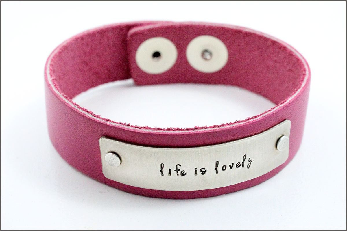 Custom Hand Stamped Leather Bracelet | Life is Lovely, Inspiration Bracelet, Small Gifts for Her, Custom Quote Bracelet, Gift Exchange Ideas