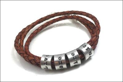 Light Brown Braided Leather Cord Bracelet | Custom Name Beads