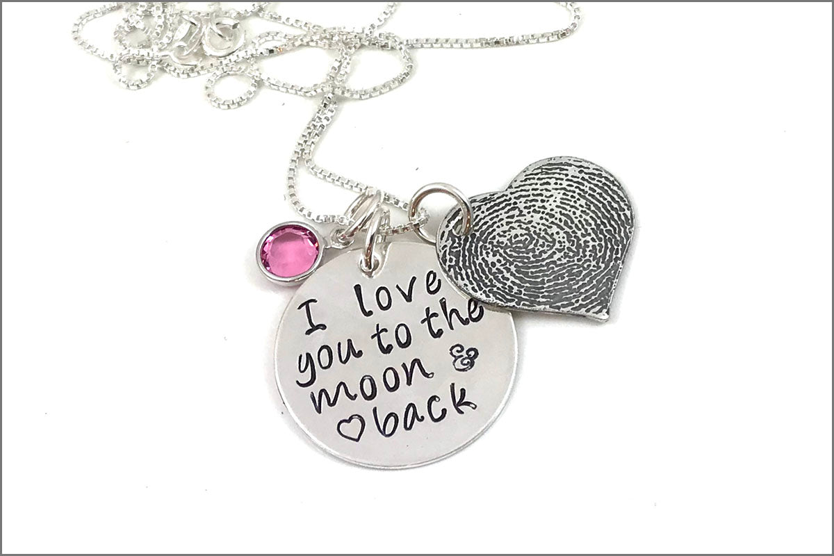 Custom Thumbprint Heart Necklace | I Love You to the Moon & Back Charm, Thumb Print Jewelry, Personalized Finger Print Jewelry
