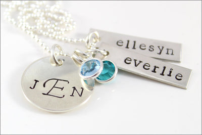 Custom Silver Family Necklace | Sterling Silver Tag Necklace, Initials Necklace, Mom Birthstone Jewelry, Gift for Women