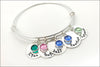 Personalized Sterling Silver Bangle Bracelet | Name Charm Bracelet with Birthstones