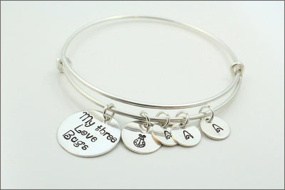 Personalized Bangle Bracelet | Sterling Silver Charm Bracelet, My Three Love Bugs, Sterling Silver Initial Charms, Custom Mom Bracelet