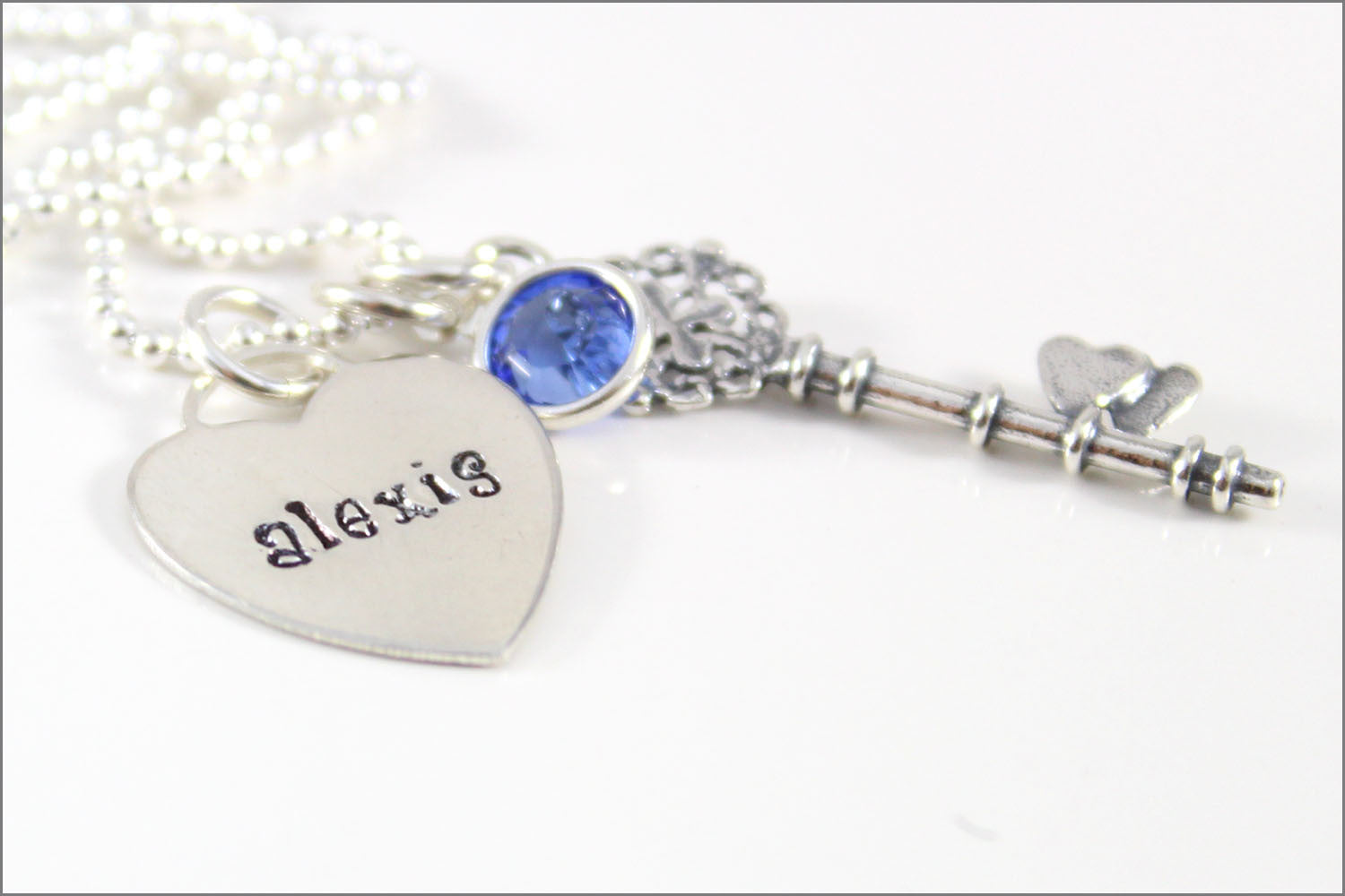 Personalized Heart with Fancy Key Charm & Birthstone Necklace