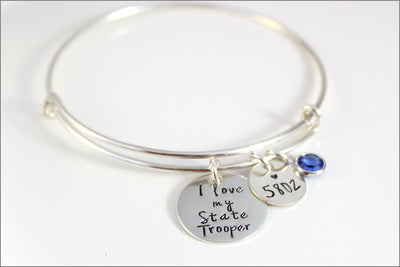 State Trooper Bangle Bracelet |  Personalized Name or Badge Number Charm, Service Bracelet, State Trooper Jewelry, State Trooper Wife