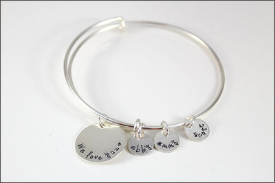 Personalized Bangle Bracelet | We Love You, Sterling Silver Charm Bracelet, Gift Ideas for Mom, Custom Grandma Bracelet