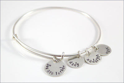 Personalized Bangle Bracelet | You are Loved, Sterling Silver Charm Bracelet, Hand Stamped Mom Bracelet, Custom Grandma Bracelet